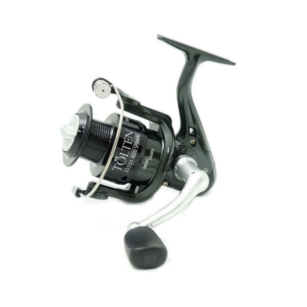 Carrete Blue Fox Tolten 3000 para pesca de spinning, color negro con detalles en blanco, peso de 230 gramos y manivela ambidiestra