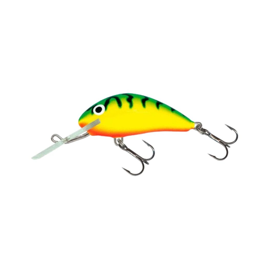 Señuelo de pesca crankbait de colores amarillo, verde y naranjo para captura de peces depredadores, disponible en Pescamania.cl.